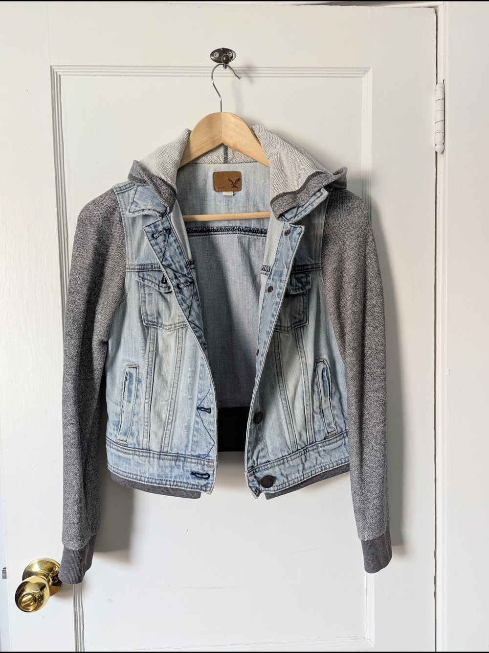 American Eagle Outfitters Light Wash Denim & Gray Hoodie Jean Jacket